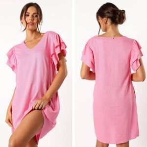 Petal + Pup Amara Flutter Sleeve Shift Dress Neon Pink Linen Size Medium NWT NEW
